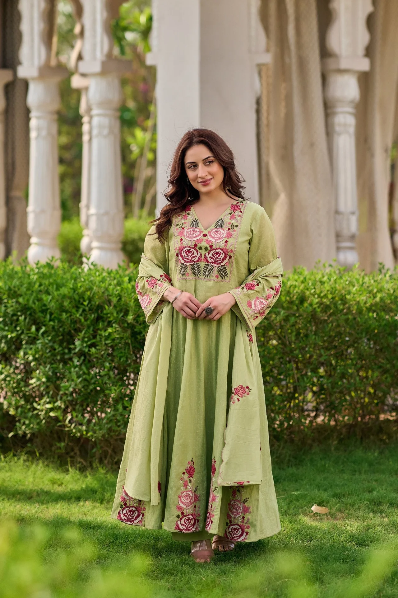 Pista Green Floral Embroidered Anarkali Suit with Dupatta — photo 2 of 9