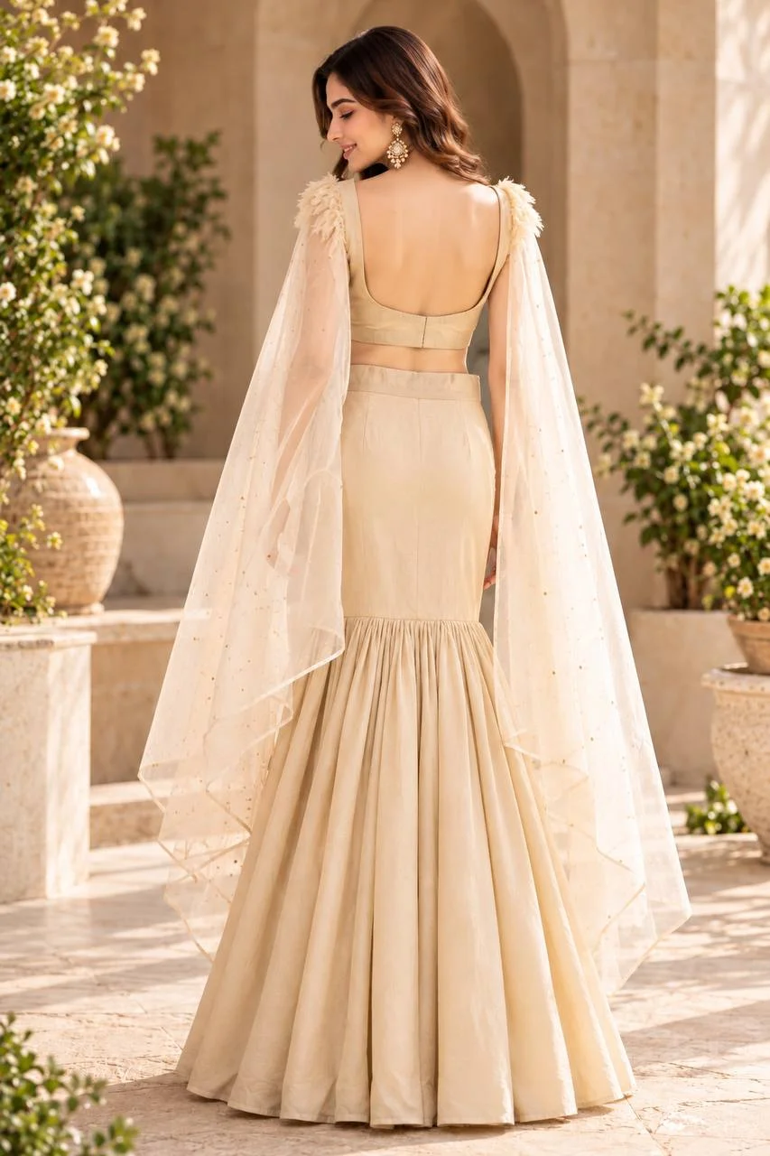 Embroidered Fish Cut Lehenga with Dupatta in Cream — photo 2 of 6