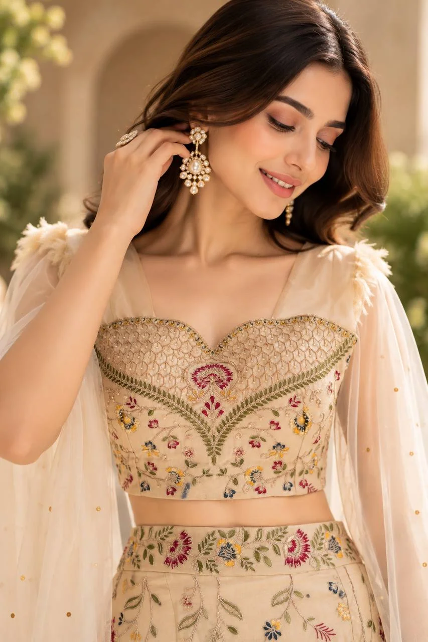 Embroidered Fish Cut Lehenga with Dupatta in Cream — photo 3 of 6
