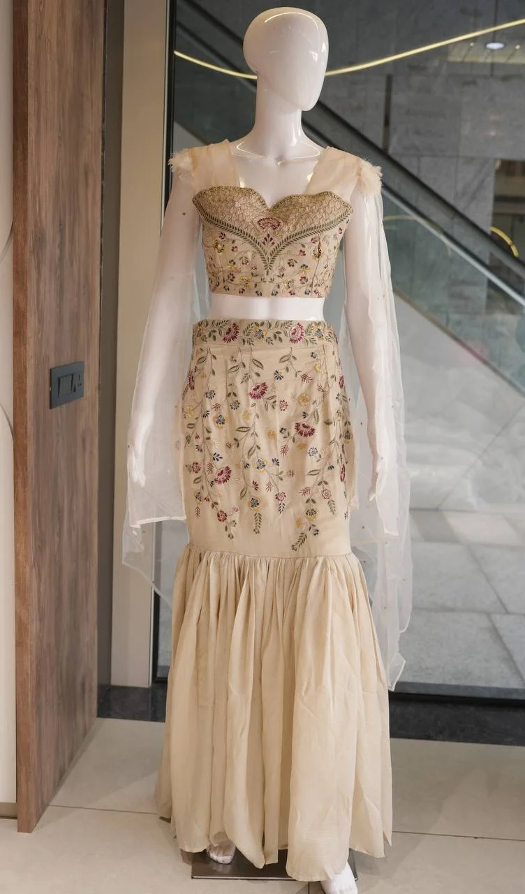 Embroidered Fish Cut Lehenga with Dupatta in Cream — photo 4 of 6