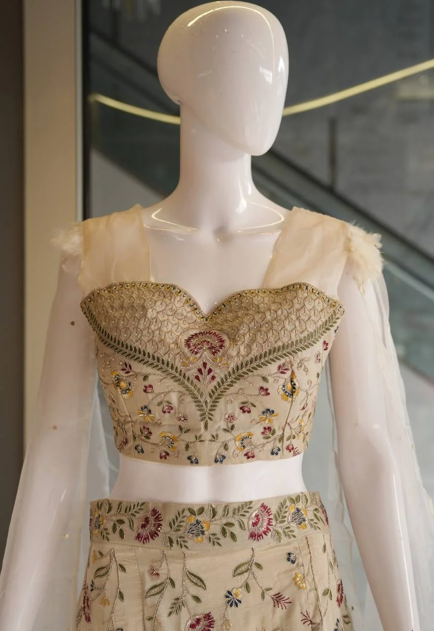 Embroidered Fish Cut Lehenga with Dupatta in Cream — photo 6 of 6