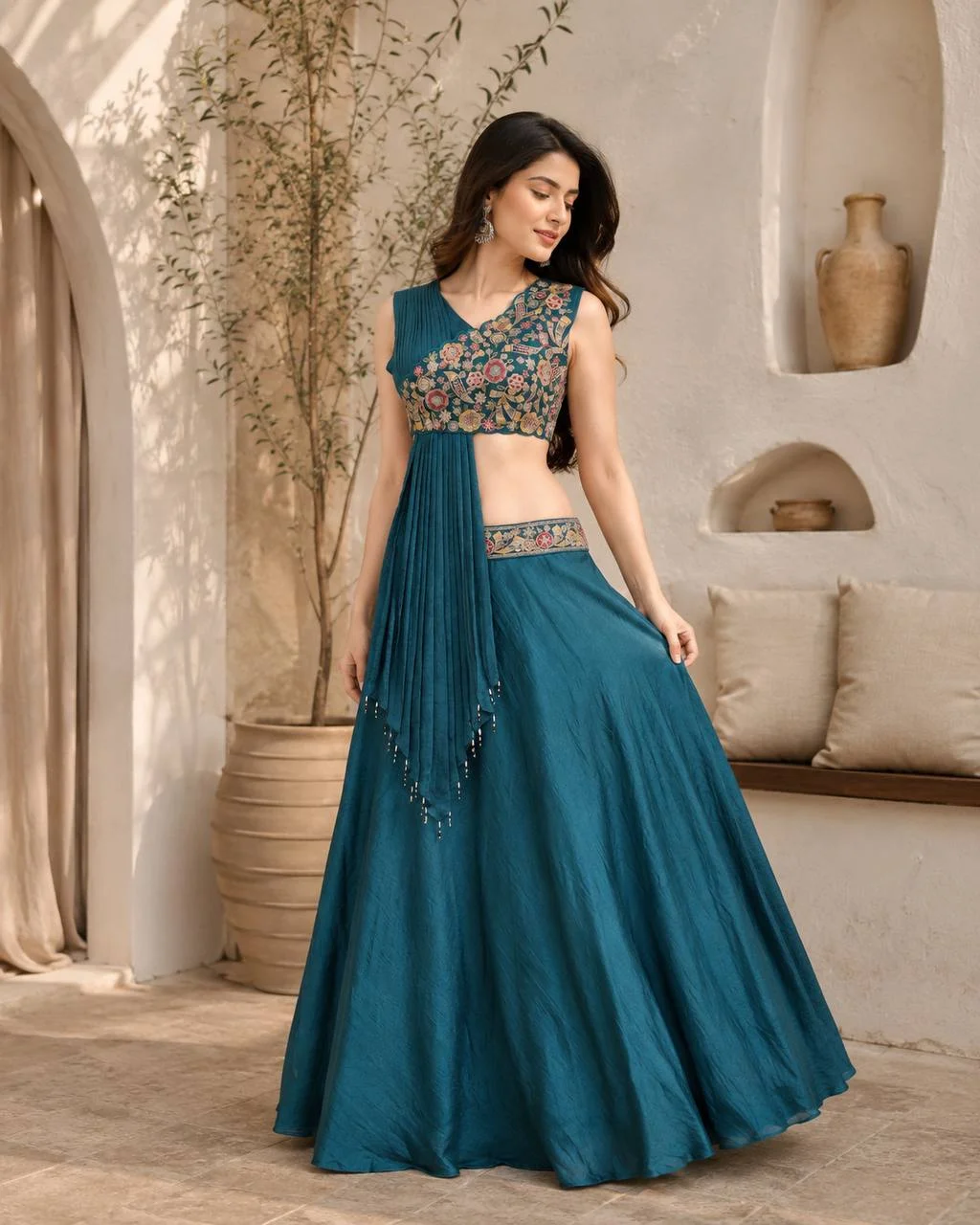 Silk Embroidered Lehenga Choli with Drape in Teal — photo 2 of 7