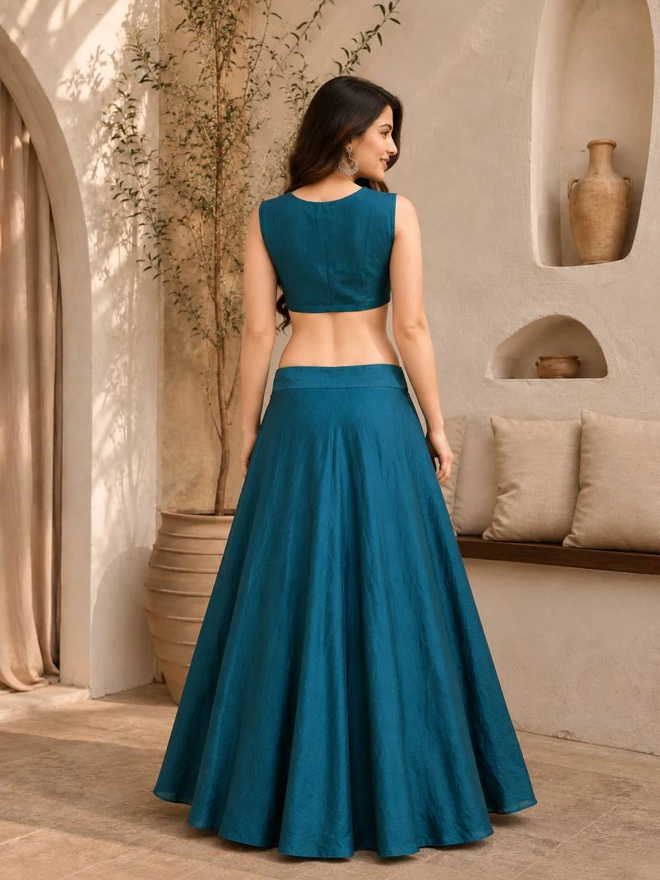 Silk Embroidered Lehenga Choli with Drape in Teal — photo 3 of 7