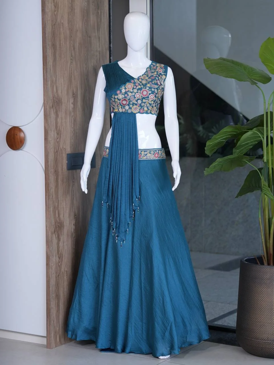 Silk Embroidered Lehenga Choli with Drape in Teal — photo 5 of 7