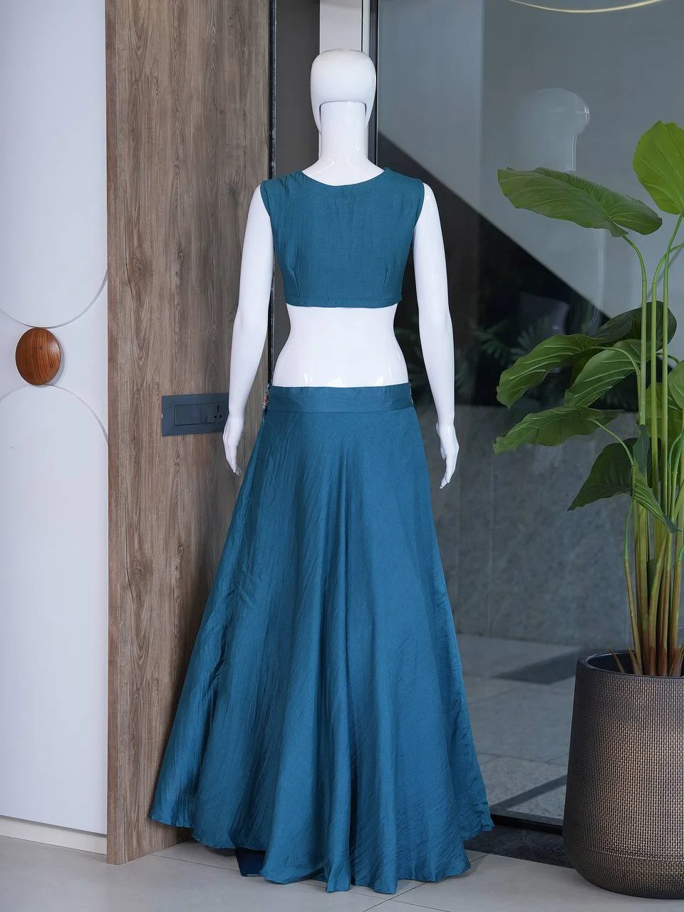 Silk Embroidered Lehenga Choli with Drape in Teal — photo 6 of 7