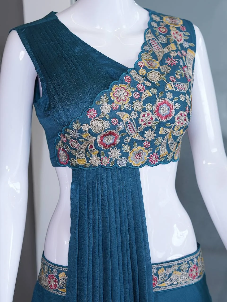 Silk Embroidered Lehenga Choli with Drape in Teal — photo 7 of 7