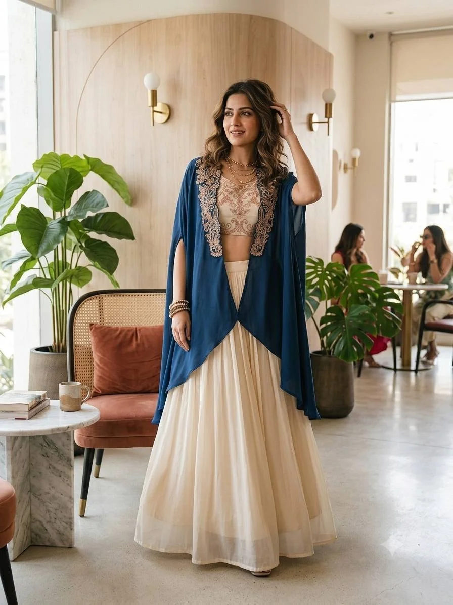 Embroidered Cape Jacket Lehenga Set in Navy — photo 2 of 7