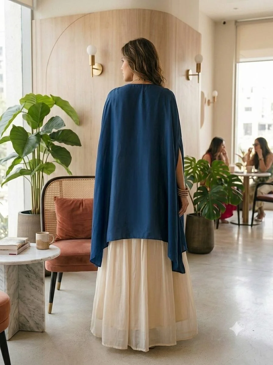 Embroidered Cape Jacket Lehenga Set in Navy — photo 3 of 7