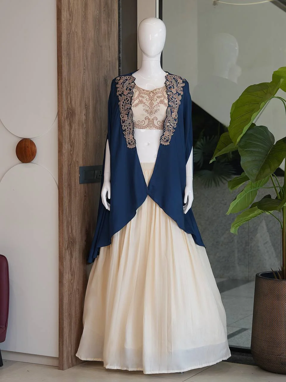 Embroidered Cape Jacket Lehenga Set in Navy — photo 5 of 7