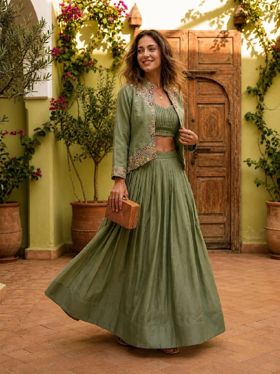 Silk Sequin Embroidered Jacket Lehenga Set in Sage Green — photo 2 of 7