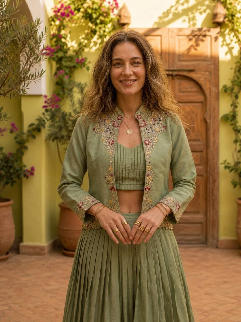 Silk Sequin Embroidered Jacket Lehenga Set in Sage Green — photo 4 of 7