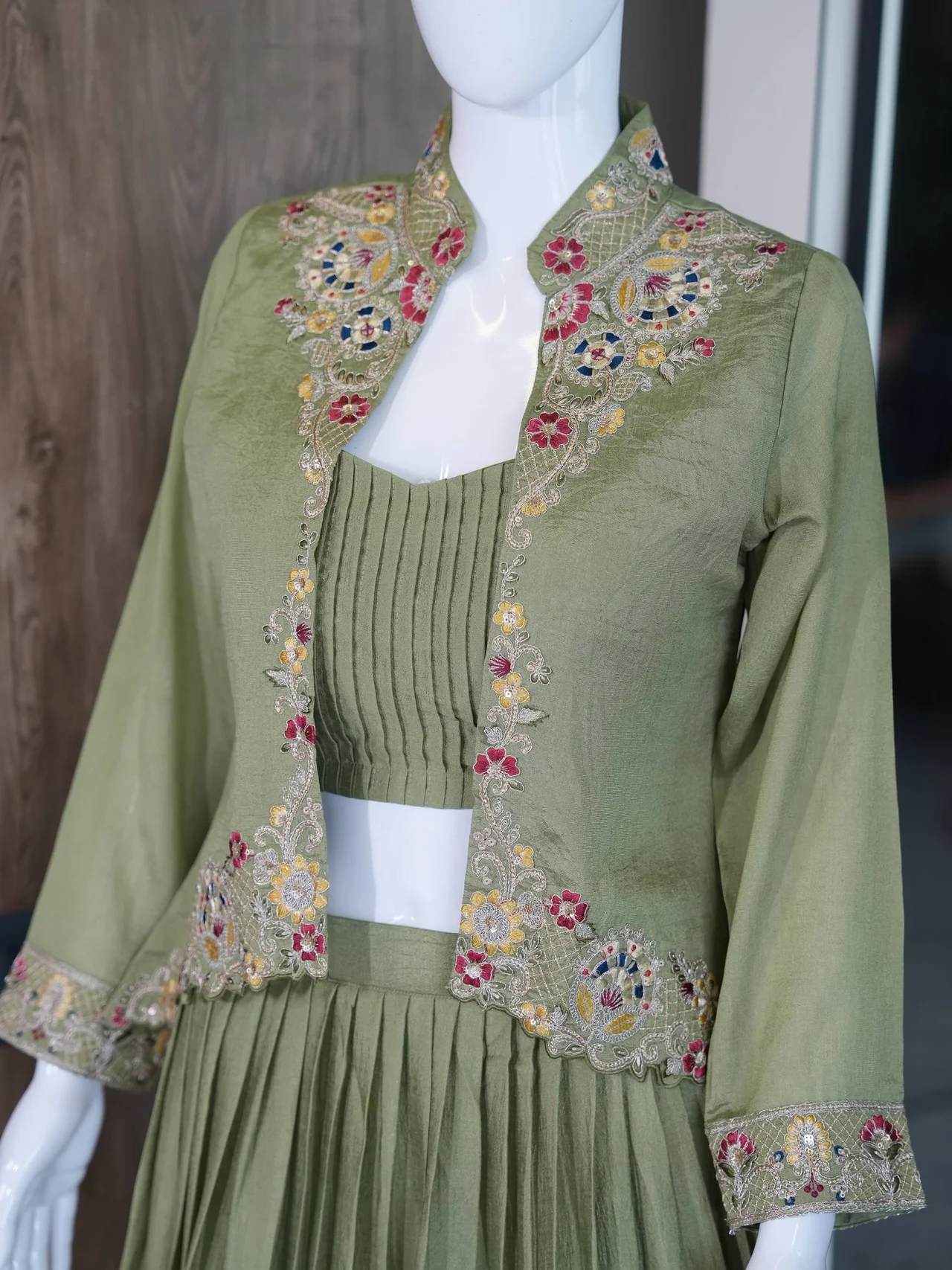 Silk Sequin Embroidered Jacket Lehenga Set in Sage Green — photo 5 of 7
