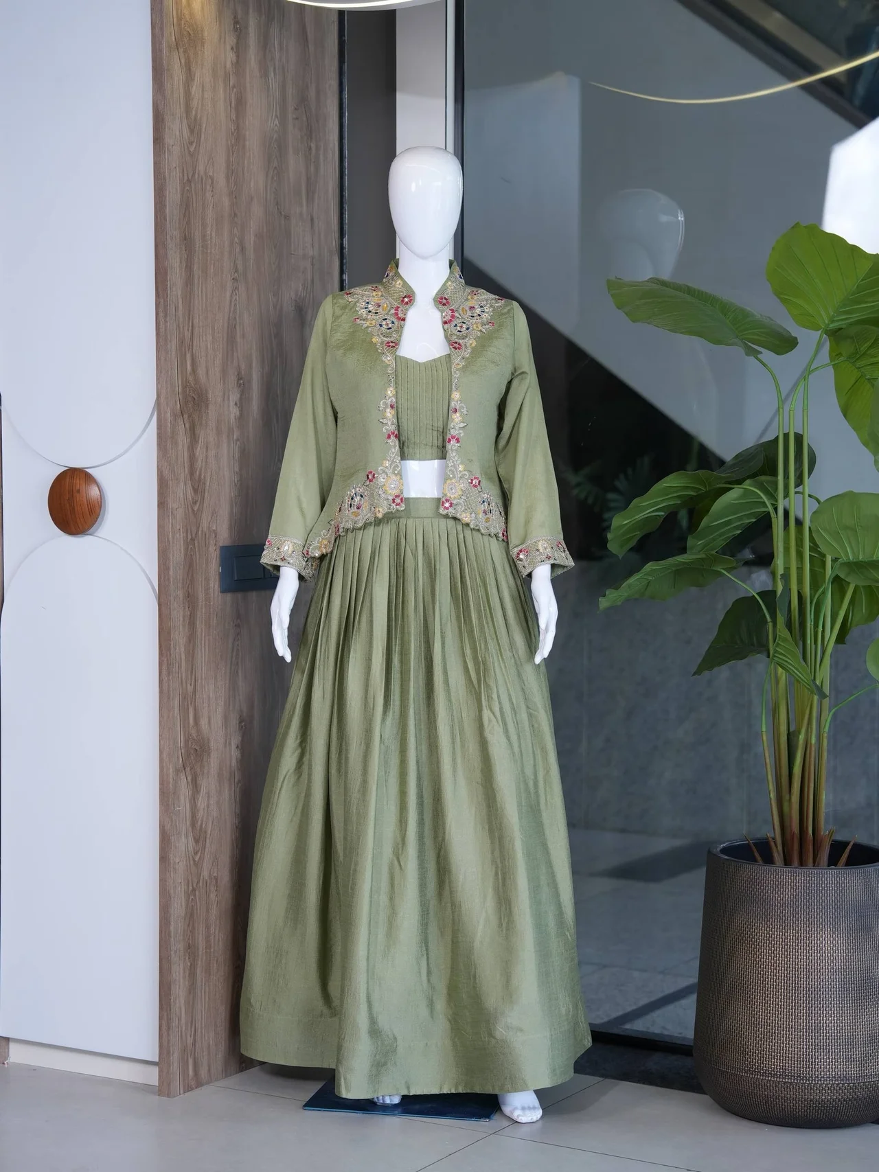 Silk Sequin Embroidered Jacket Lehenga Set in Sage Green — photo 6 of 7