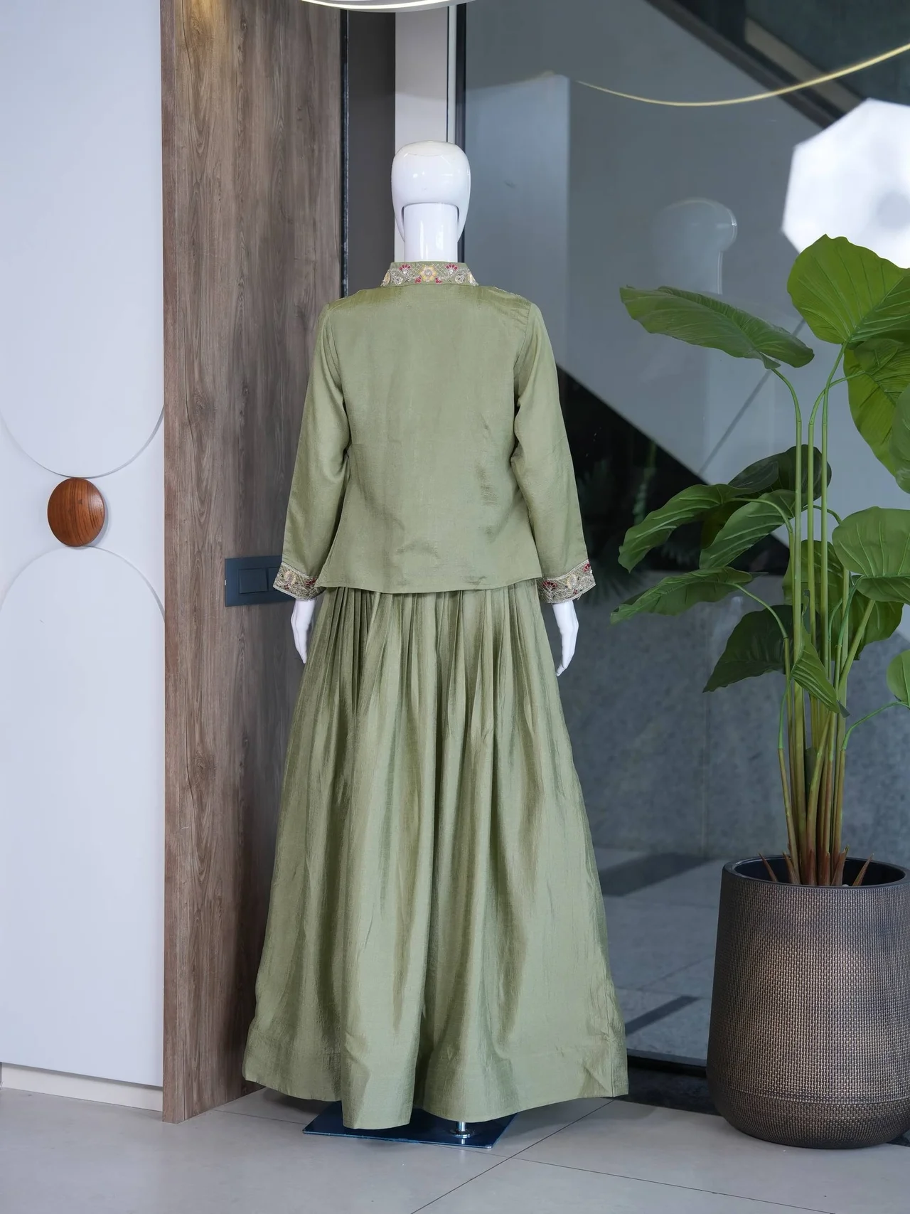 Silk Sequin Embroidered Jacket Lehenga Set in Sage Green — photo 7 of 7