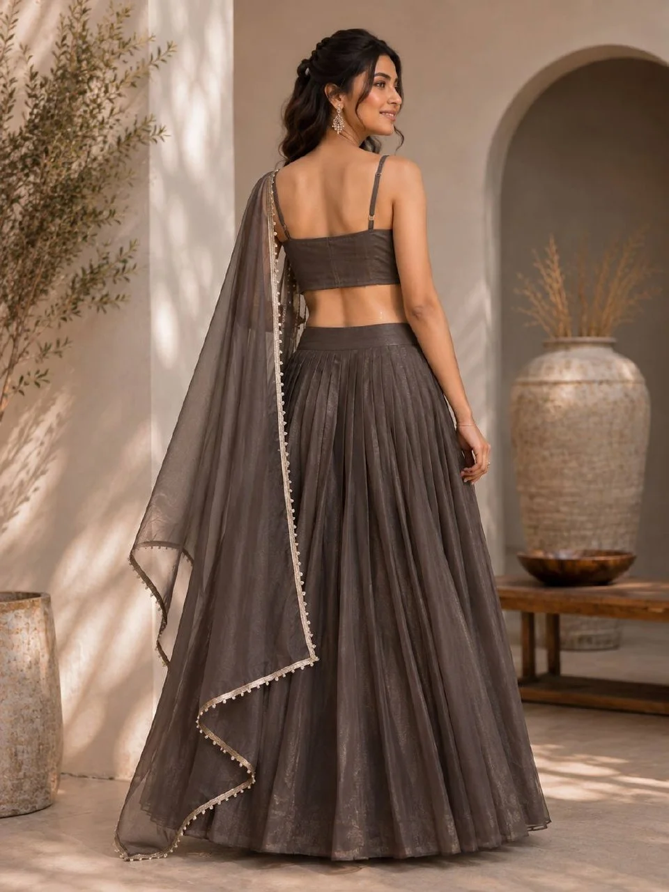 Organza Pearl Work Flared Lehenga Skirt in Charcoal — photo 3 of 8