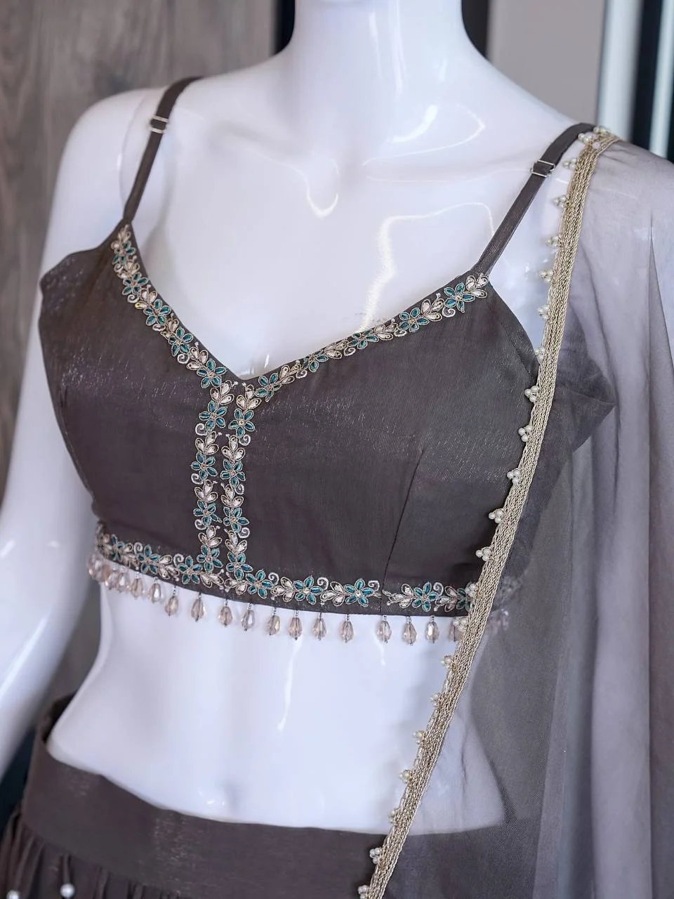 Organza Pearl Work Flared Lehenga Skirt in Charcoal — photo 5 of 8