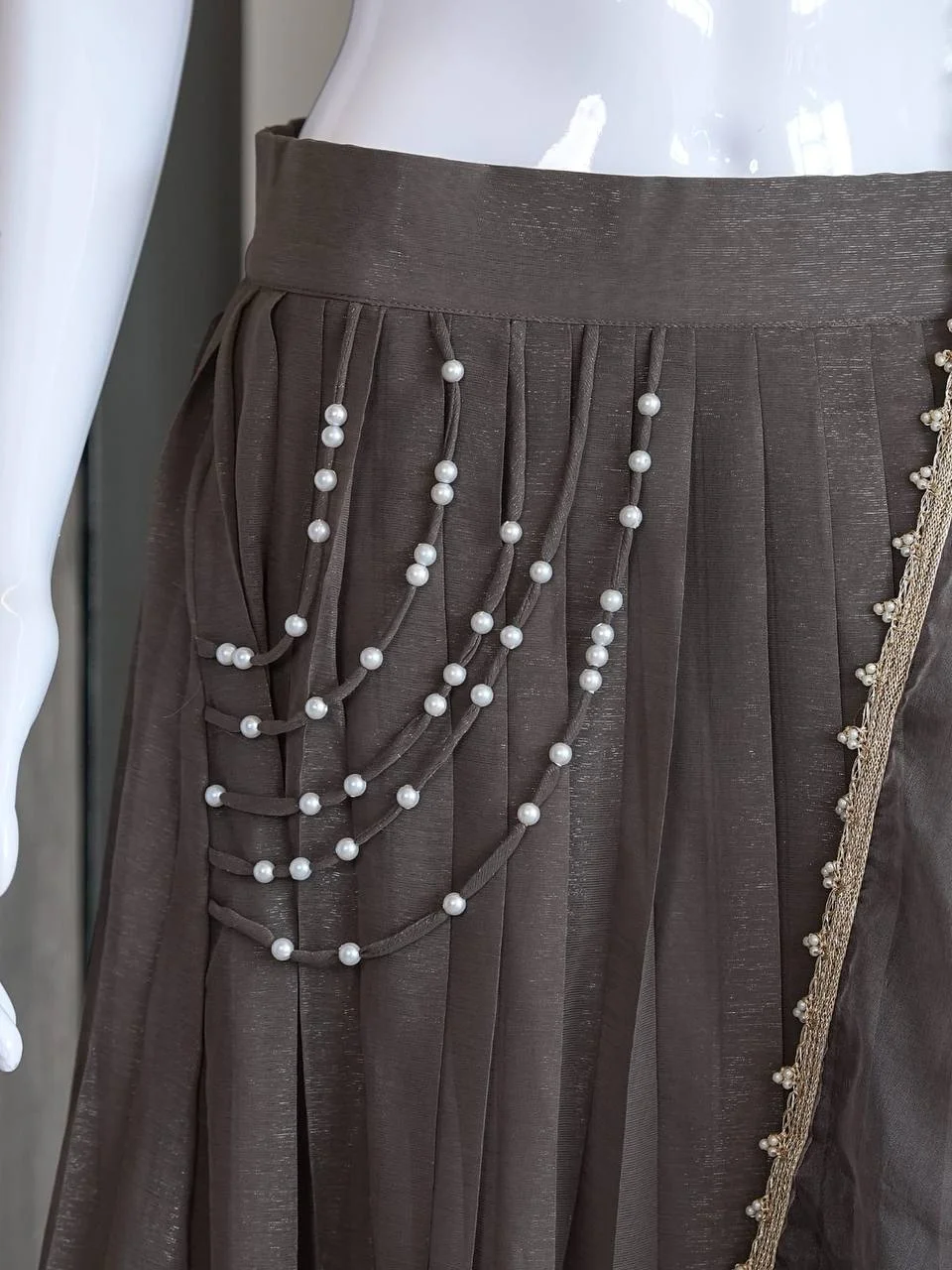 Organza Pearl Work Flared Lehenga Skirt in Charcoal — photo 6 of 8