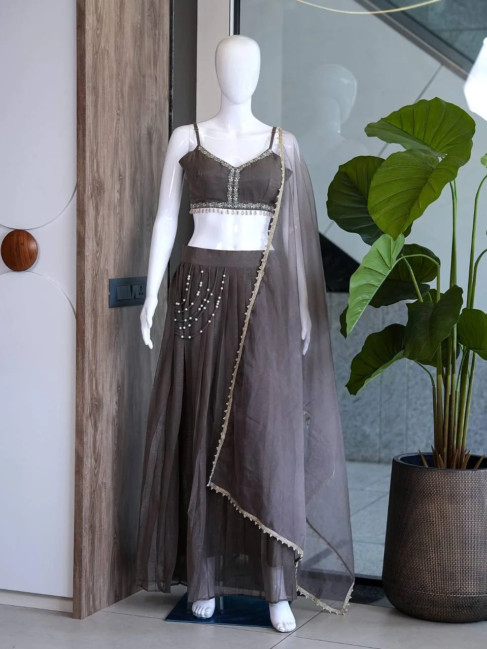 Organza Pearl Work Flared Lehenga Skirt in Charcoal — photo 7 of 8