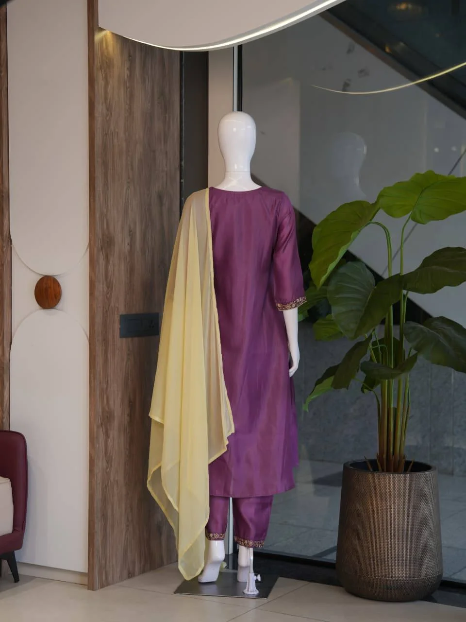 Silk Embroidered Straight Kurta with Palazzo in Plum — photo 2 of 3