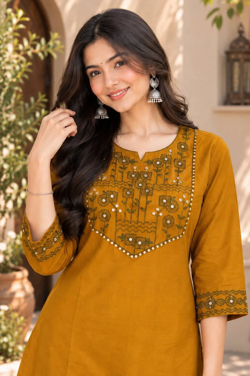 Cotton Embroidered Kurti Set with Palazzo in Mustard — photo 3 of 6