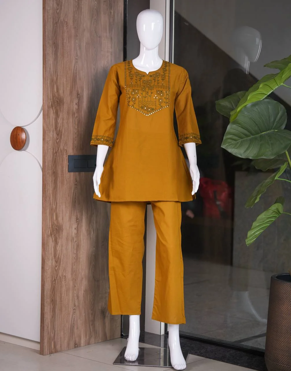 Cotton Embroidered Kurti Set with Palazzo in Mustard — photo 4 of 6