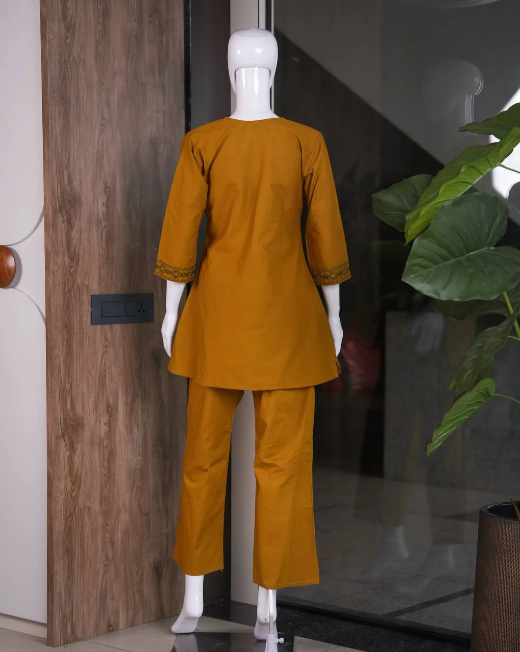 Cotton Embroidered Kurti Set with Palazzo in Mustard — photo 5 of 6