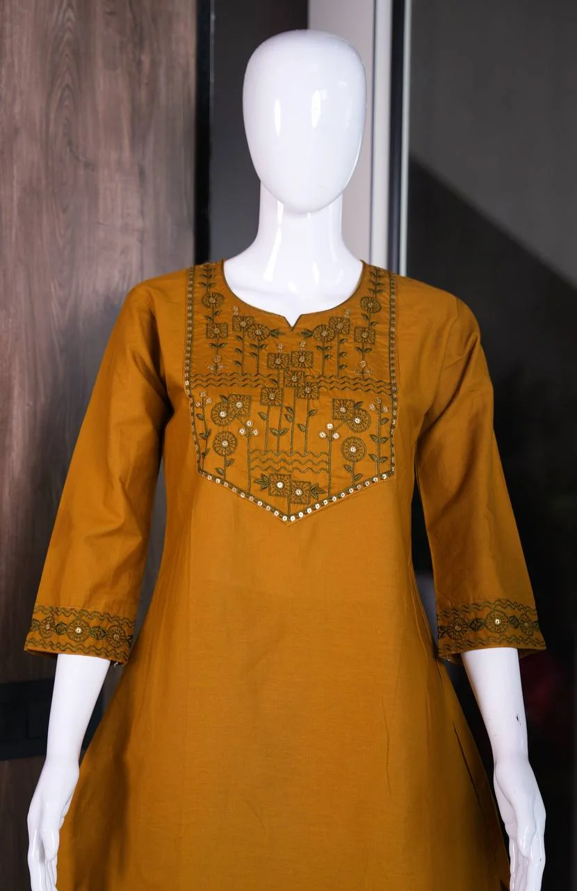 Cotton Embroidered Kurti Set with Palazzo in Mustard — photo 6 of 6