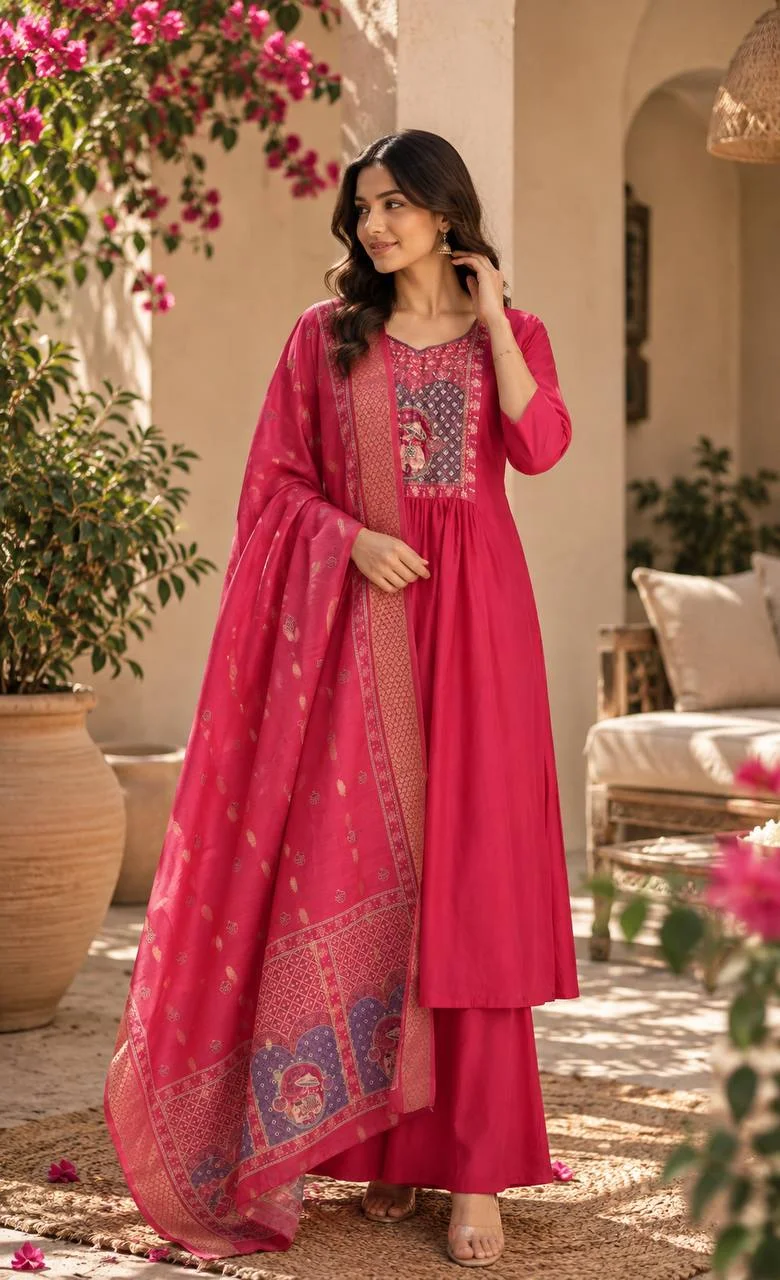 Roman Silk A-Line Kurta Set with Palazzo in Rani Pink — photo 2 of 7