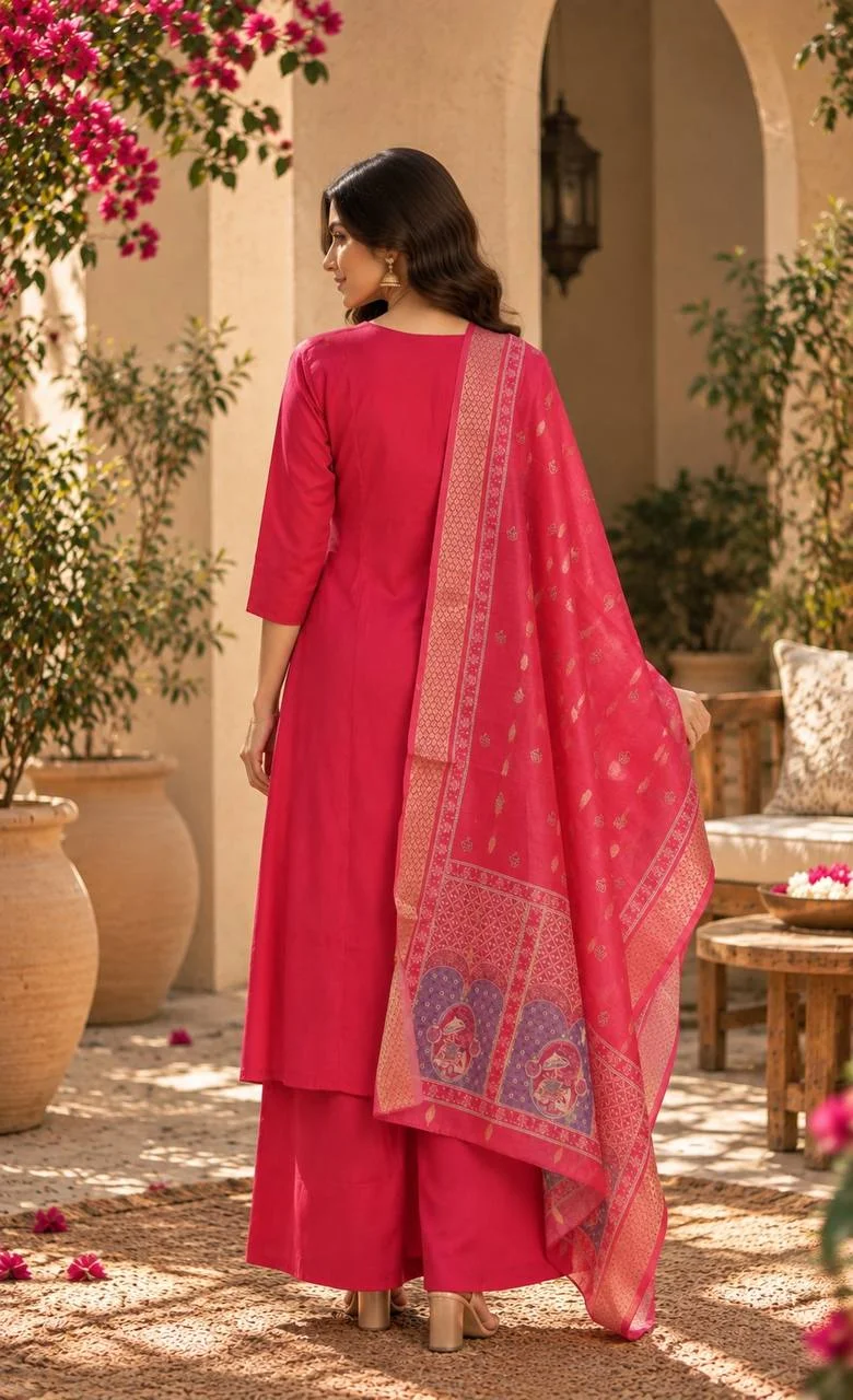 Roman Silk A-Line Kurta Set with Palazzo in Rani Pink — photo 3 of 7