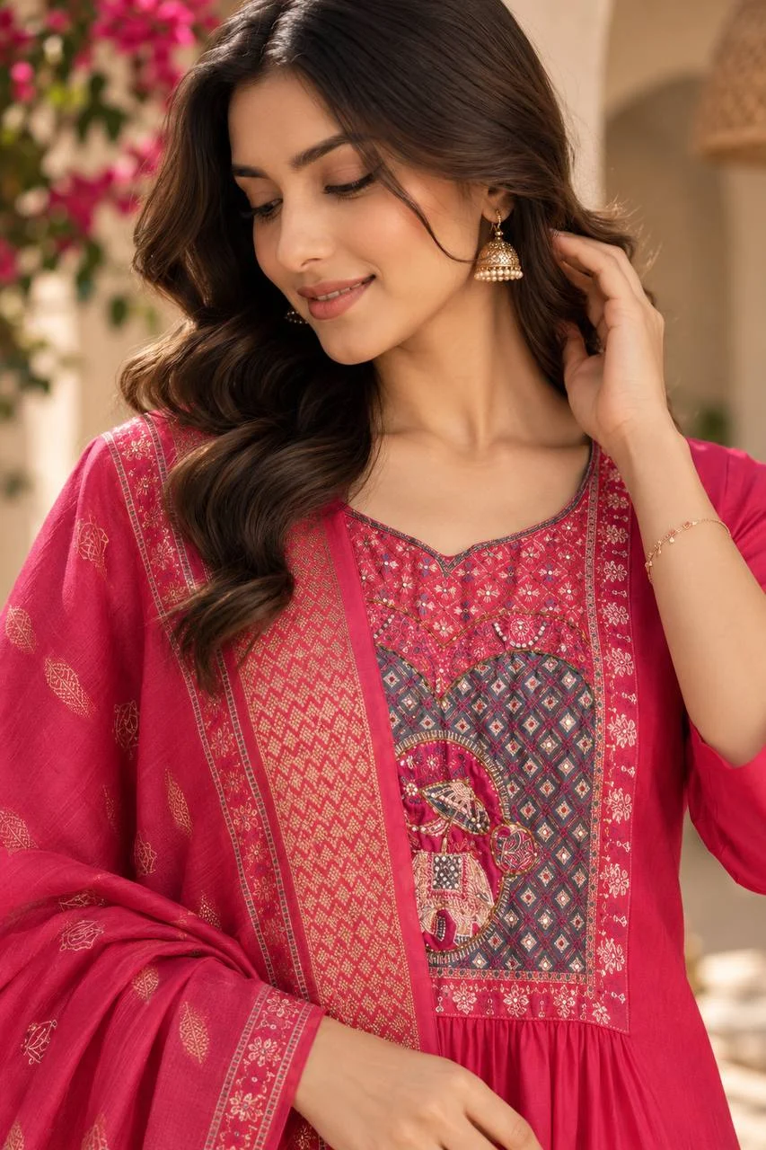 Roman Silk A-Line Kurta Set with Palazzo in Rani Pink — photo 4 of 7