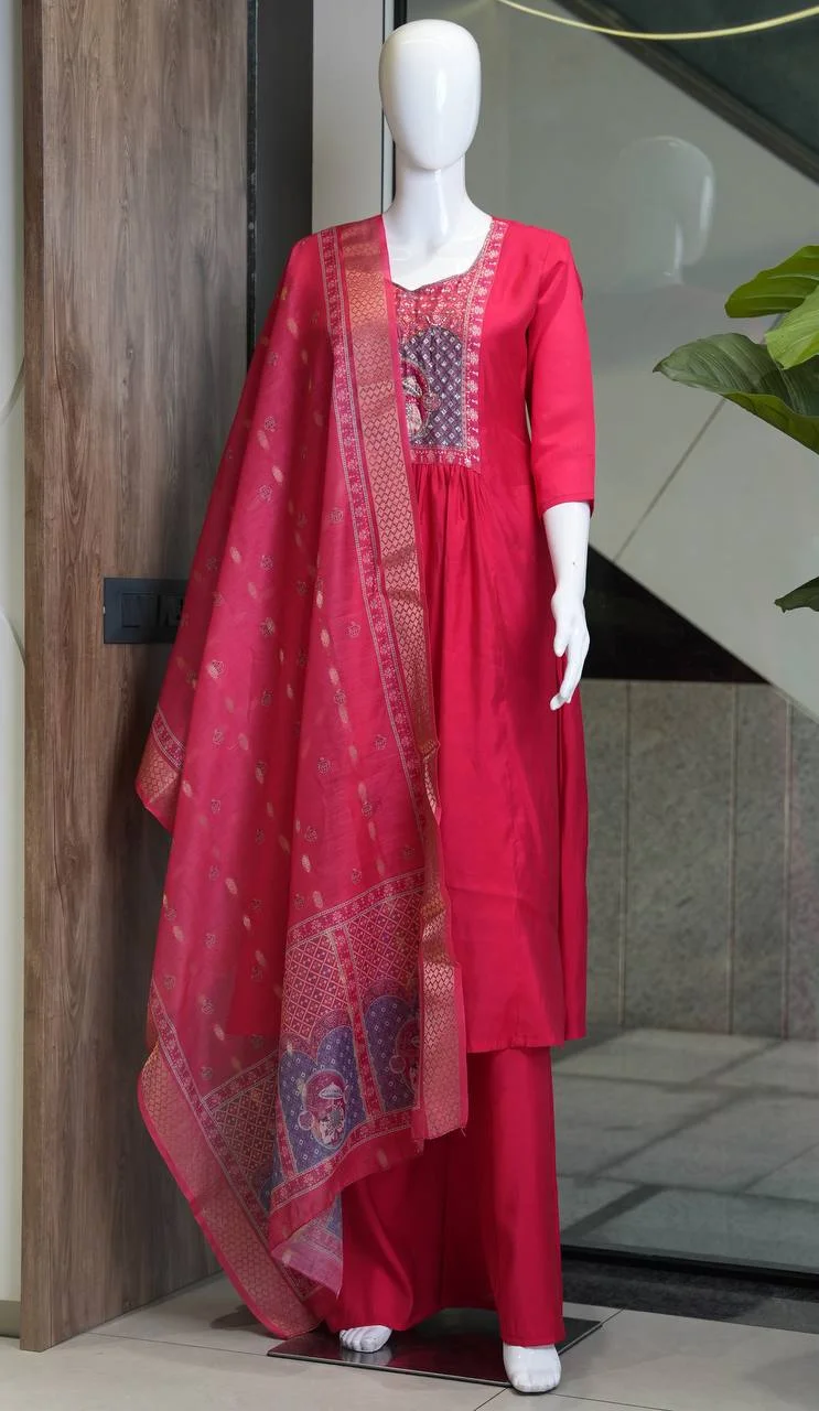 Roman Silk A-Line Kurta Set with Palazzo in Rani Pink — photo 5 of 7