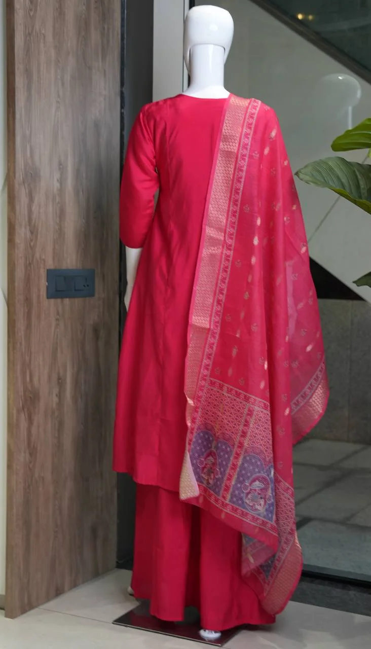 Roman Silk A-Line Kurta Set with Palazzo in Rani Pink — photo 6 of 7