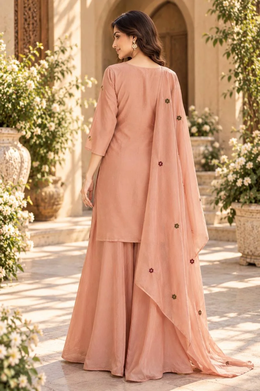 Chinon Embroidered Kurta Set with Palazzo in Peach — photo 2 of 6
