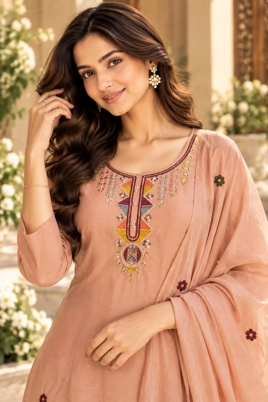Chinon Embroidered Kurta Set with Palazzo in Peach — photo 3 of 6