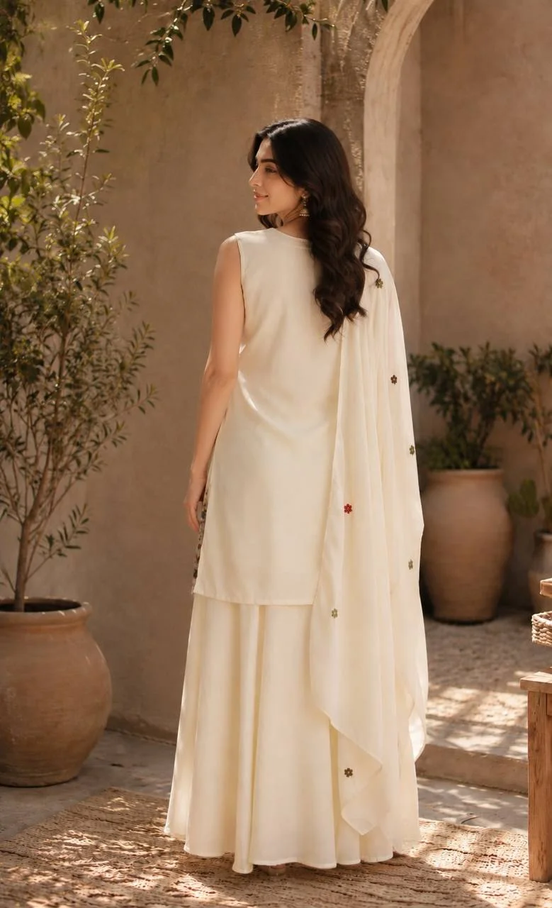 Sleeveless Chinon Kurta Set with Palazzo in Cream — photo 2 of 6