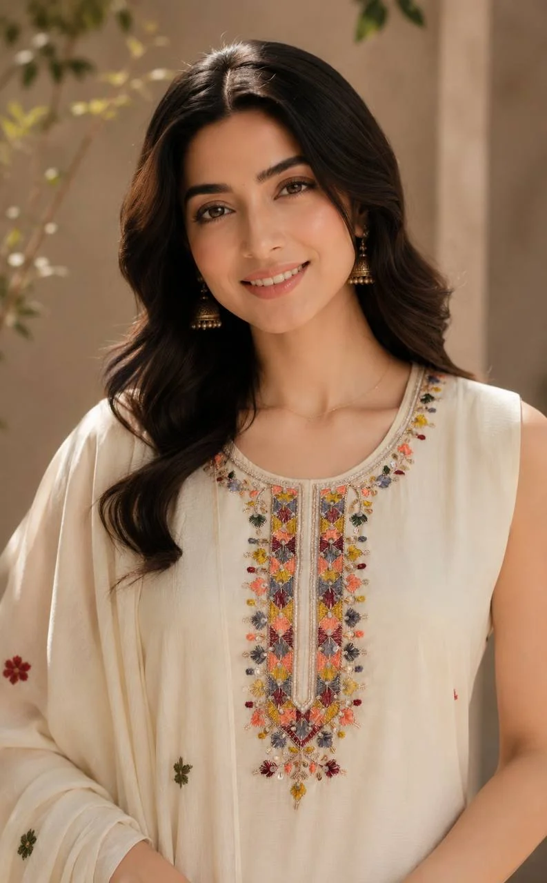 Sleeveless Chinon Kurta Set with Palazzo in Cream — photo 3 of 6