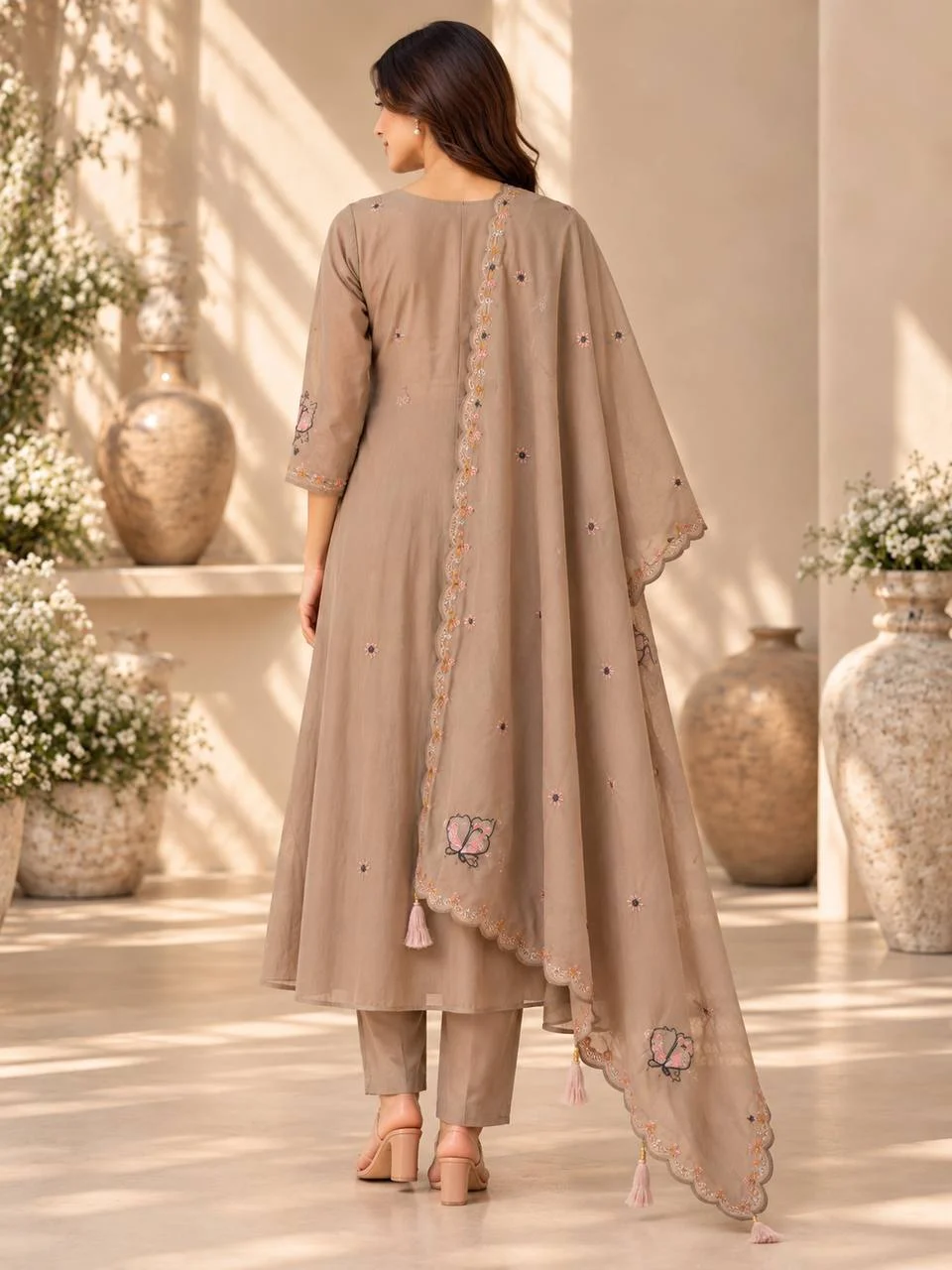 Silk Butterfly Yoke Kurta Set with Palazzo in Taupe — photo 2 of 6