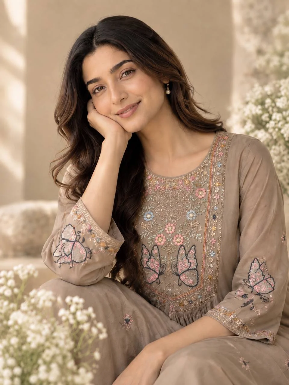 Silk Butterfly Yoke Kurta Set with Palazzo in Taupe — photo 3 of 6