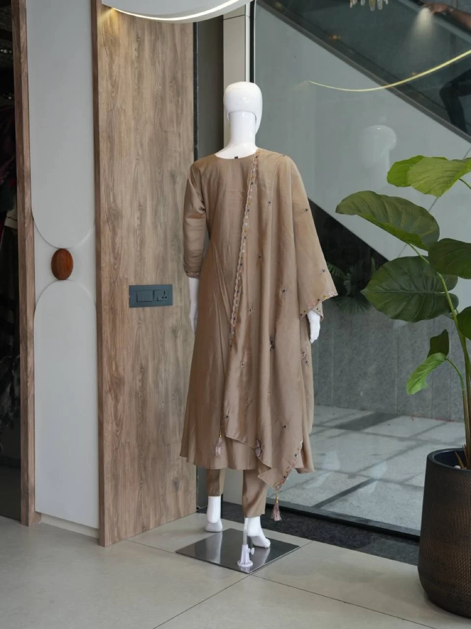 Silk Butterfly Yoke Kurta Set with Palazzo in Taupe — photo 5 of 6