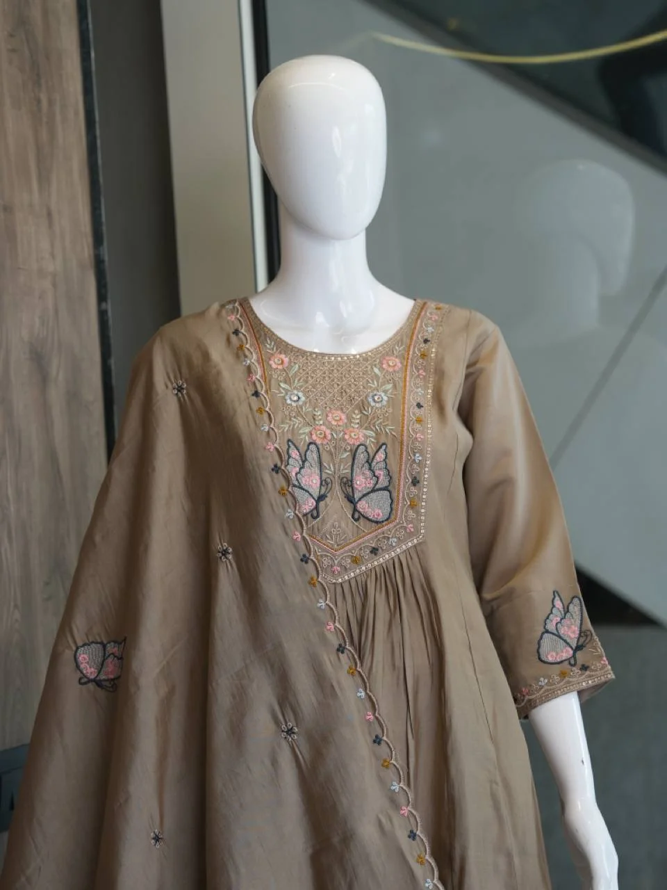 Silk Butterfly Yoke Kurta Set with Palazzo in Taupe — photo 6 of 6