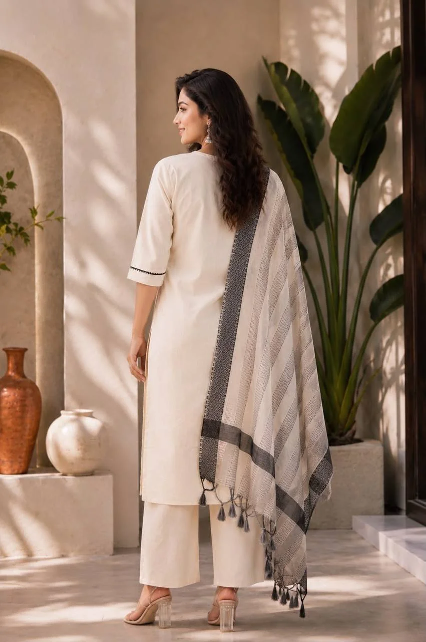 Cotton Paisley Neck Kurta Set with Palazzo in Off White — photo 2 of 6