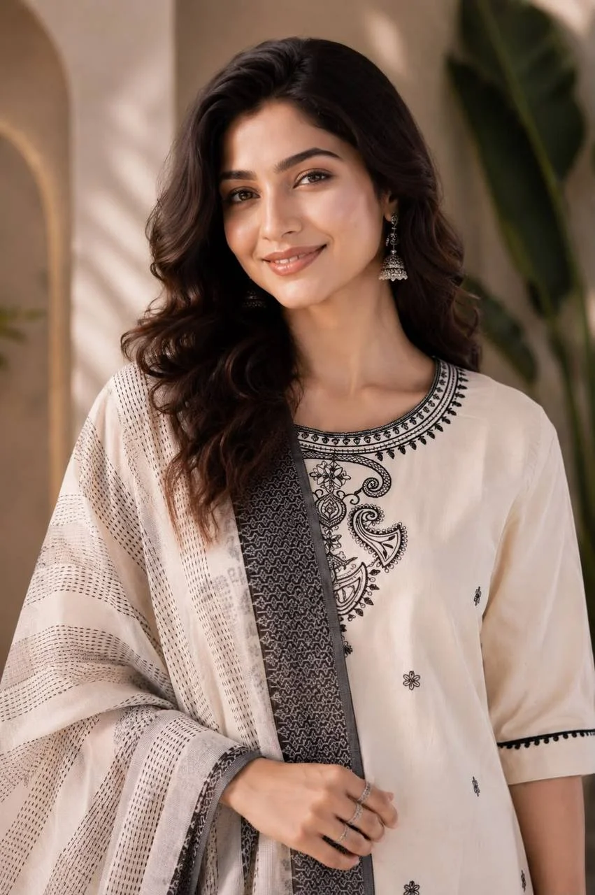 Cotton Paisley Neck Kurta Set with Palazzo in Off White — photo 3 of 6