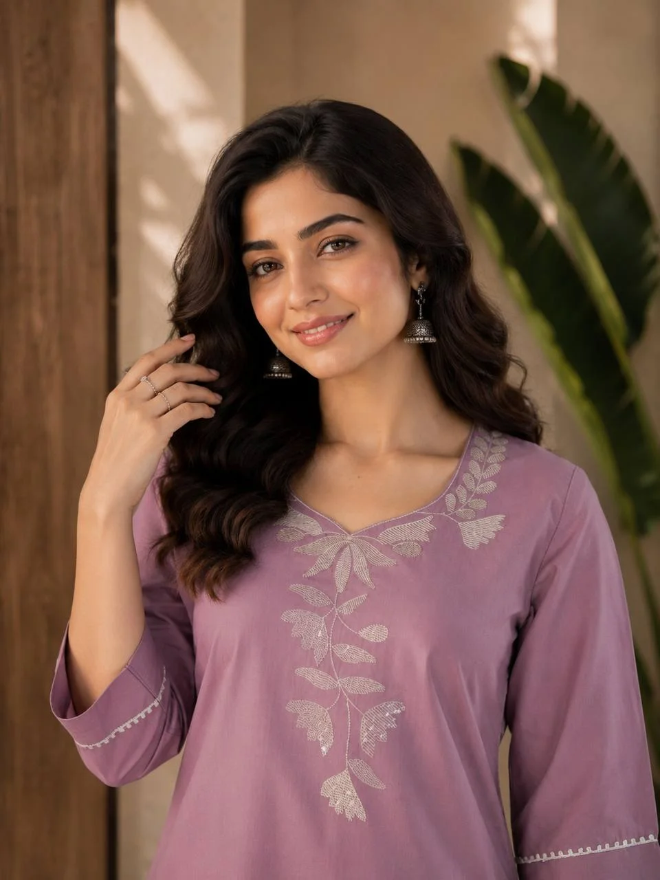 Cotton Leaf Embroidered Kurta with Palazzo in Mauve — photo 2 of 5