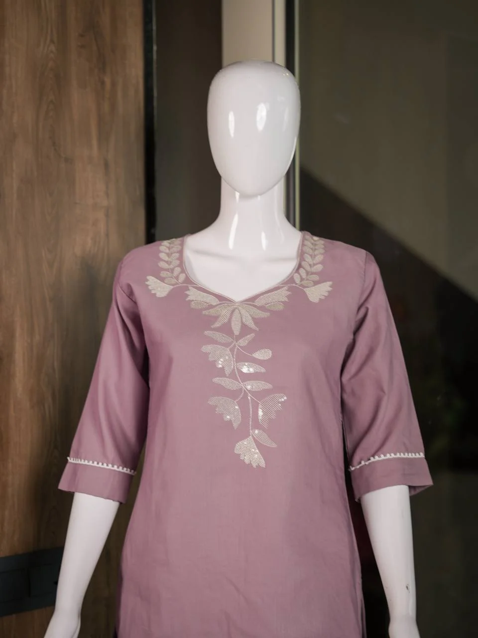 Cotton Leaf Embroidered Kurta with Palazzo in Mauve — photo 5 of 5
