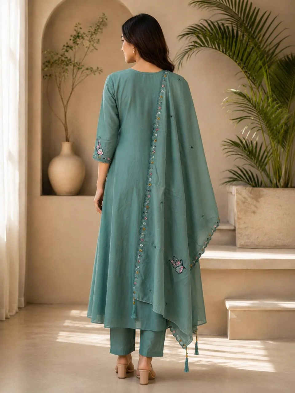 Silk Notch Neck Yoke Kurta Set with Palazzo in Teal — photo 2 of 6
