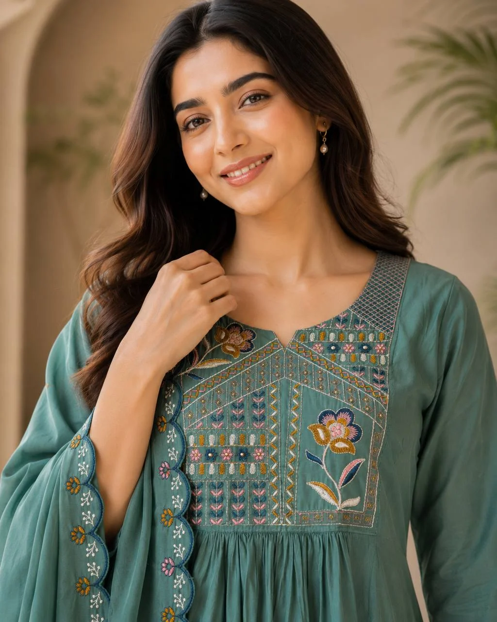 Silk Notch Neck Yoke Kurta Set with Palazzo in Teal — photo 3 of 6