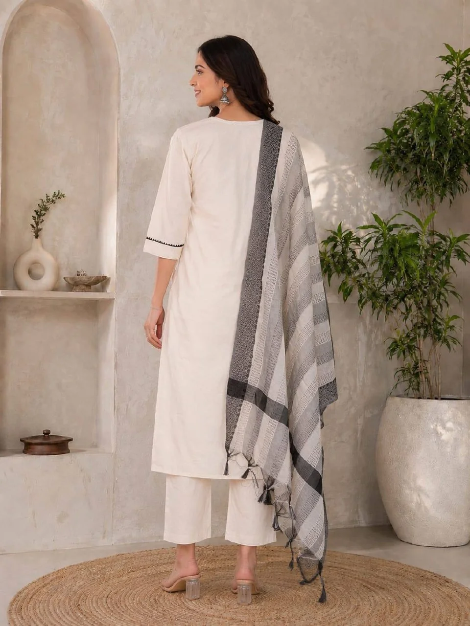 Cotton Floral Yoke Kurta Set with Palazzo in Off White — photo 3 of 7