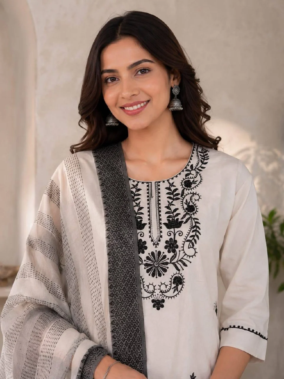 Cotton Floral Yoke Kurta Set with Palazzo in Off White — photo 4 of 7