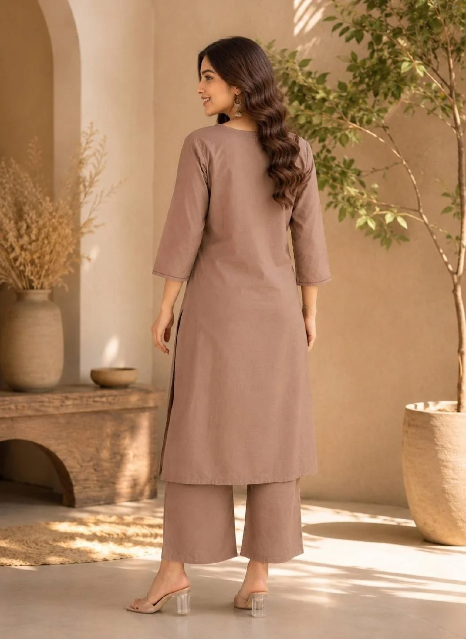 Cotton Pintuck A-Line Kurta Set with Palazzo in Mauve — photo 2 of 6