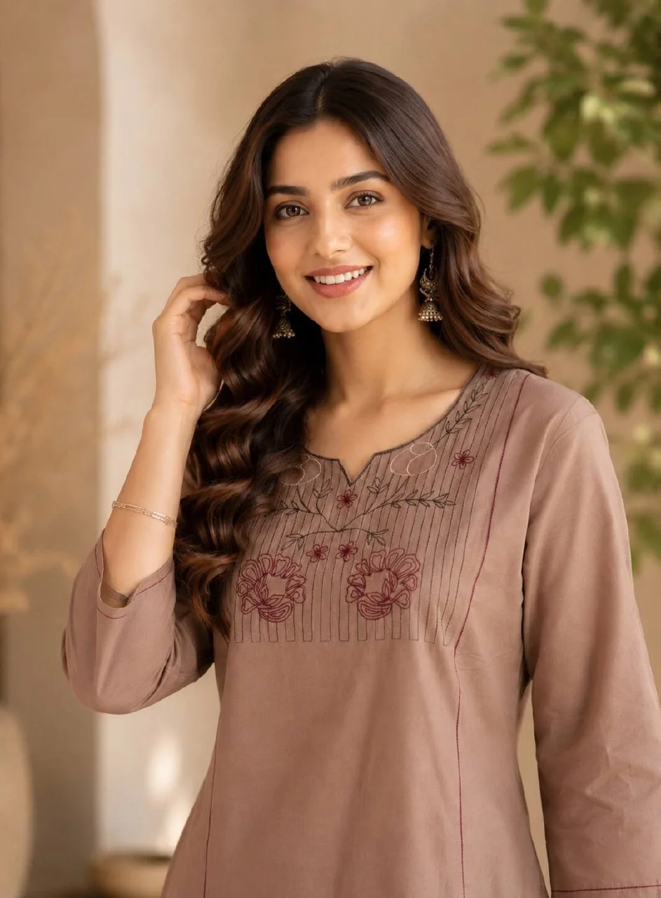 Cotton Pintuck A-Line Kurta Set with Palazzo in Mauve — photo 3 of 6